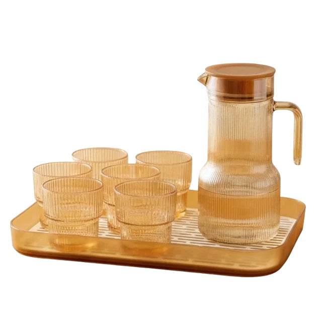 8Pcs Amber Glass Carafe Jug with Lid & 6 Stemless Drinking Glasses Drinkware Set